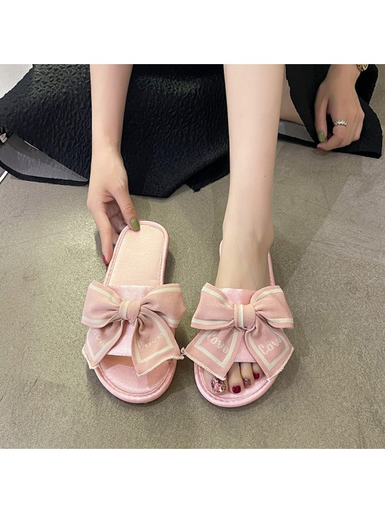 Summer Women Fashion Satin Bow Round Toe Flat Slippers