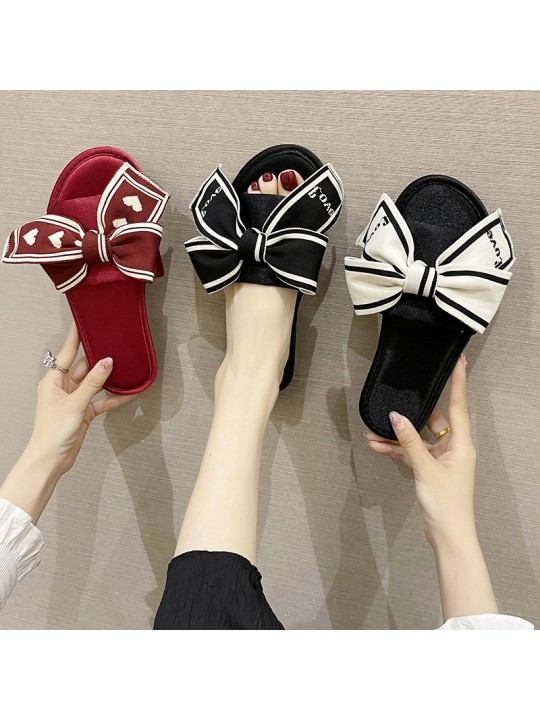 Summer Women Fashion Satin Bow Round Toe Flat Slippers