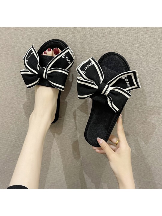 Summer Women Fashion Satin Bow Round Toe Flat Slippers