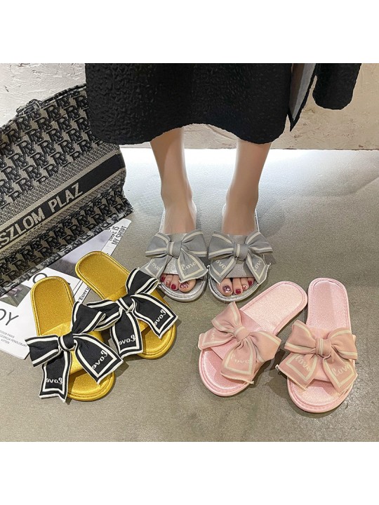 Summer Women Fashion Satin Bow Round Toe Flat Slippers