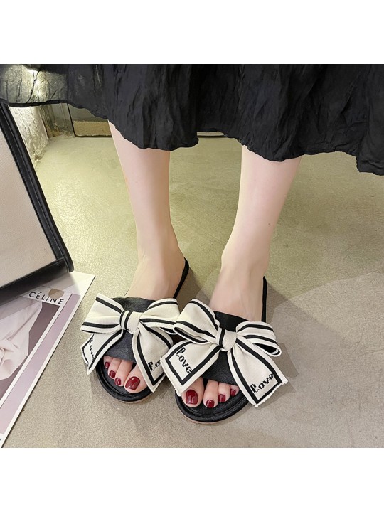 Summer Women Fashion Satin Bow Round Toe Flat Slippers