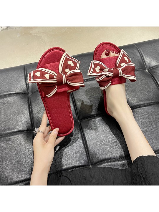 Summer Women Fashion Satin Bow Round Toe Flat Slippers