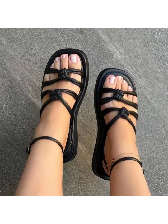 Summer Women Casual Solid Color Plus Size Thin Belt Hollow Round Toe Thick-Soled Sandals