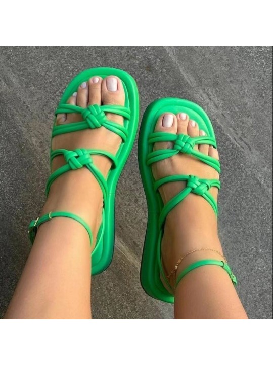 Summer Women Casual Solid Color Plus Size Thin Belt Hollow Round Toe Thick-Soled Sandals