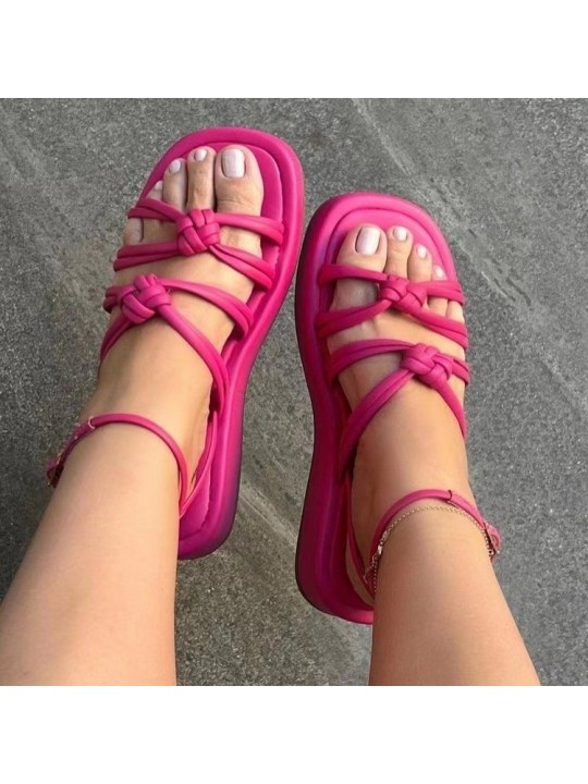 Summer Women Casual Solid Color Plus Size Thin Belt Hollow Round Toe Thick-Soled Sandals