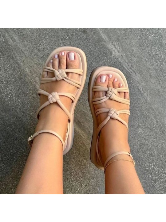 Summer Women Casual Solid Color Plus Size Thin Belt Hollow Round Toe Thick-Soled Sandals