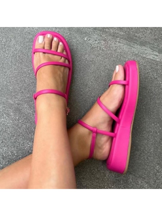 Summer Women Casual Solid Color Plus Size Thin Belt Hollow Round Toe Thick-Soled Sandals