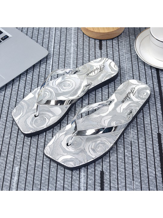 Summer Women Casual Plus Size Pattern Printed Square Toe Flat Thong Slippers