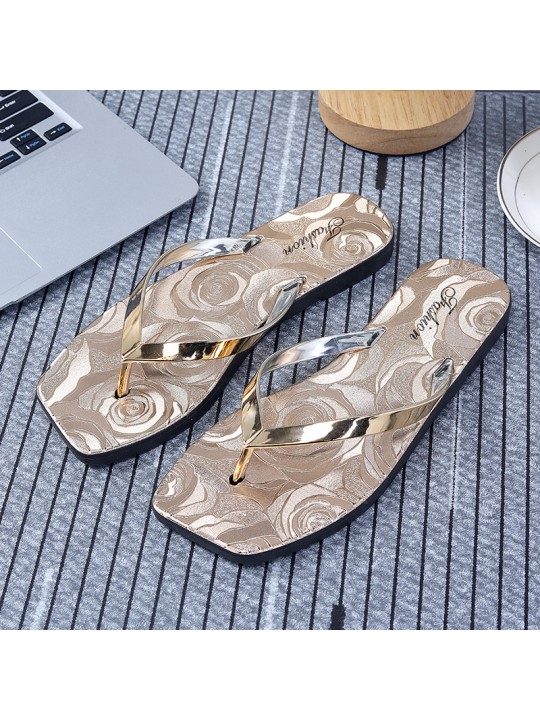 Summer Women Casual Plus Size Pattern Printed Square Toe Flat Thong Slippers