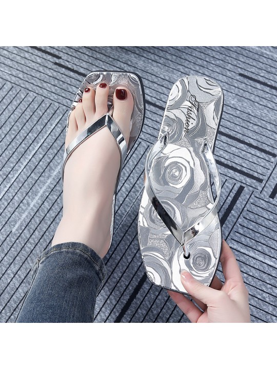 Summer Women Casual Plus Size Pattern Printed Square Toe Flat Thong Slippers