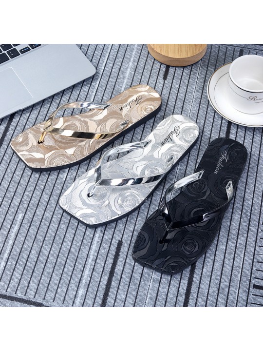 Summer Women Casual Plus Size Pattern Printed Square Toe Flat Thong Slippers