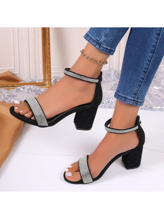 Summer Women Fashion Plus Size Rhinestone Strap Chunky Heel Sandals