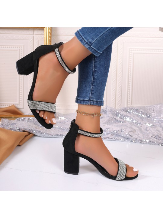 Summer Women Fashion Plus Size Rhinestone Strap Chunky Heel Sandals