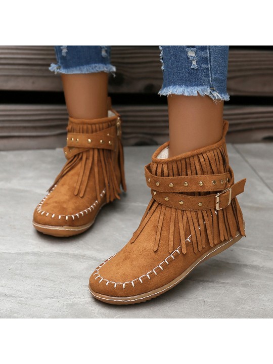 Women Fashion Casual Plus Size Rivet Flat Tassel Short Boots