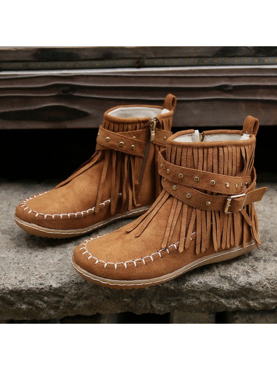 Women Fashion Casual Plus Size Rivet Flat Tassel Short Boots