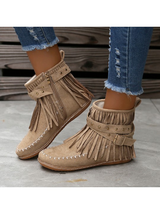 Women Fashion Casual Plus Size Rivet Flat Tassel Short Boots