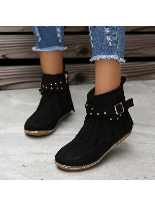 Women Fashion Casual Plus Size Rivet Flat Tassel Short Boots