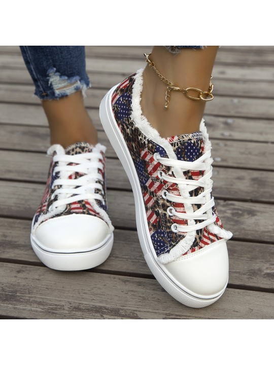 Summer Women Casual Plus Size Flag Star Stripe Print Round Toe Canvas Sneaker