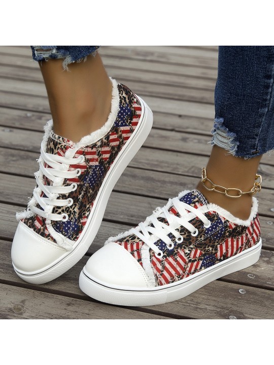 Summer Women Casual Plus Size Flag Star Stripe Print Round Toe Canvas Sneaker