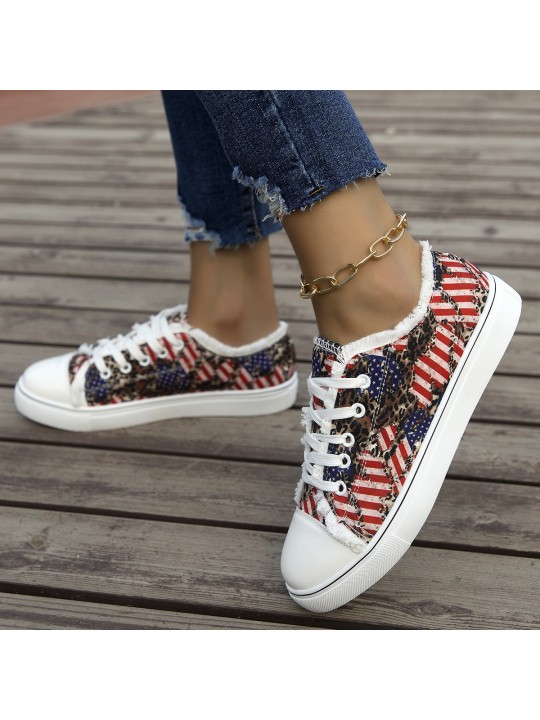 Summer Women Casual Plus Size Flag Star Stripe Print Round Toe Canvas Sneaker