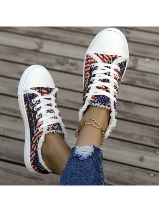 Summer Women Casual Plus Size Flag Star Stripe Print Round Toe Canvas Sneaker