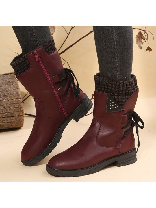 Women Fashion Retro Plus Size Side Zipper Round Toe Mid-Calf Martin Boots