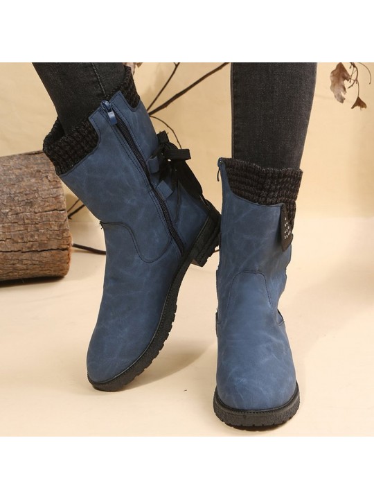 Women Fashion Retro Plus Size Side Zipper Round Toe Mid-Calf Martin Boots