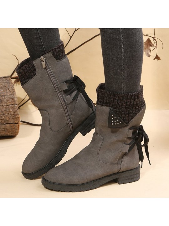 Women Fashion Retro Plus Size Side Zipper Round Toe Mid-Calf Martin Boots